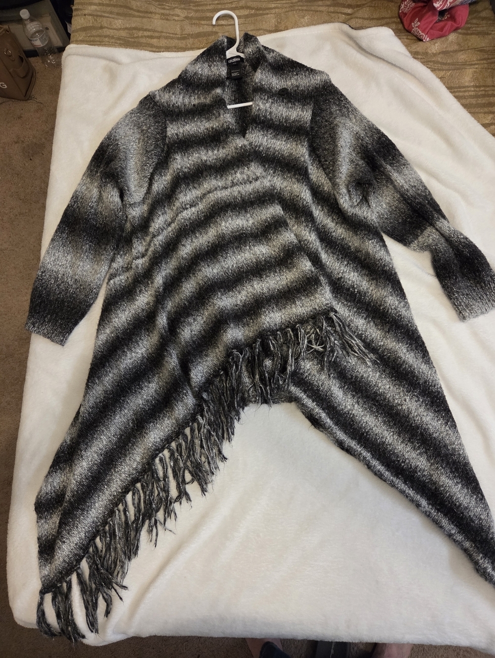 Open-Front Striped Fringe Poncho Sweater - Black & Gray